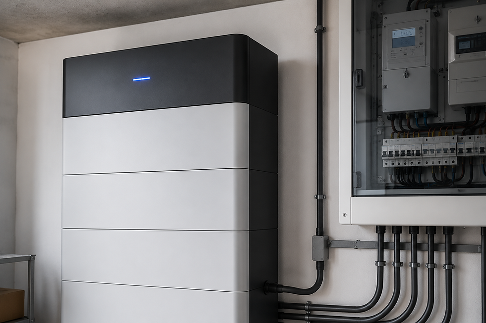 Moderner Lithium-Eisenphosphat-Stromspeicher (LiFePO4) im Einfamilienhaus zur Senkung der Stromkosten.