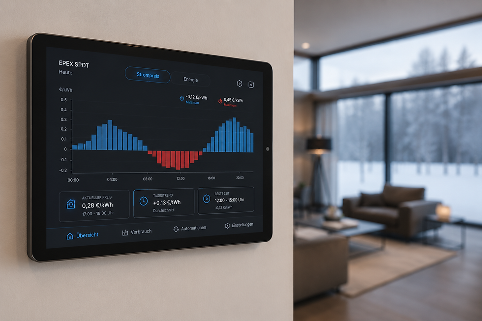 Visualisierung eines dynamischen Stromtarifs mit stündlich wechselnden Preisen auf einem Smart-Home-Display.