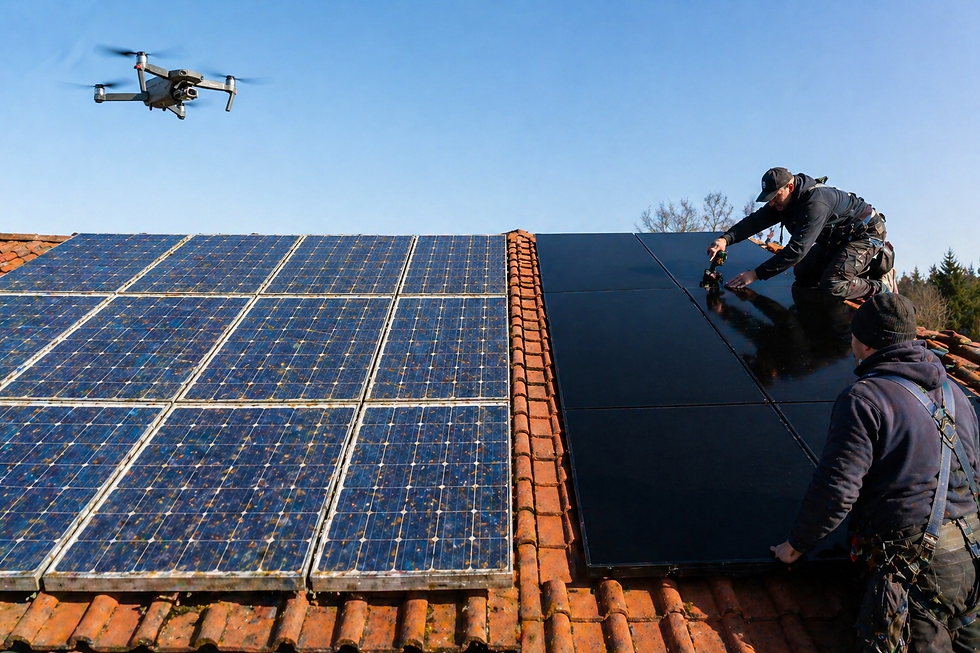 Direkter Vergleich beim PV Repowering: Alte polykristalline Solarmodule neben neuen 500W+ Hochleistungsmodulen auf einem Berliner Hausdach.