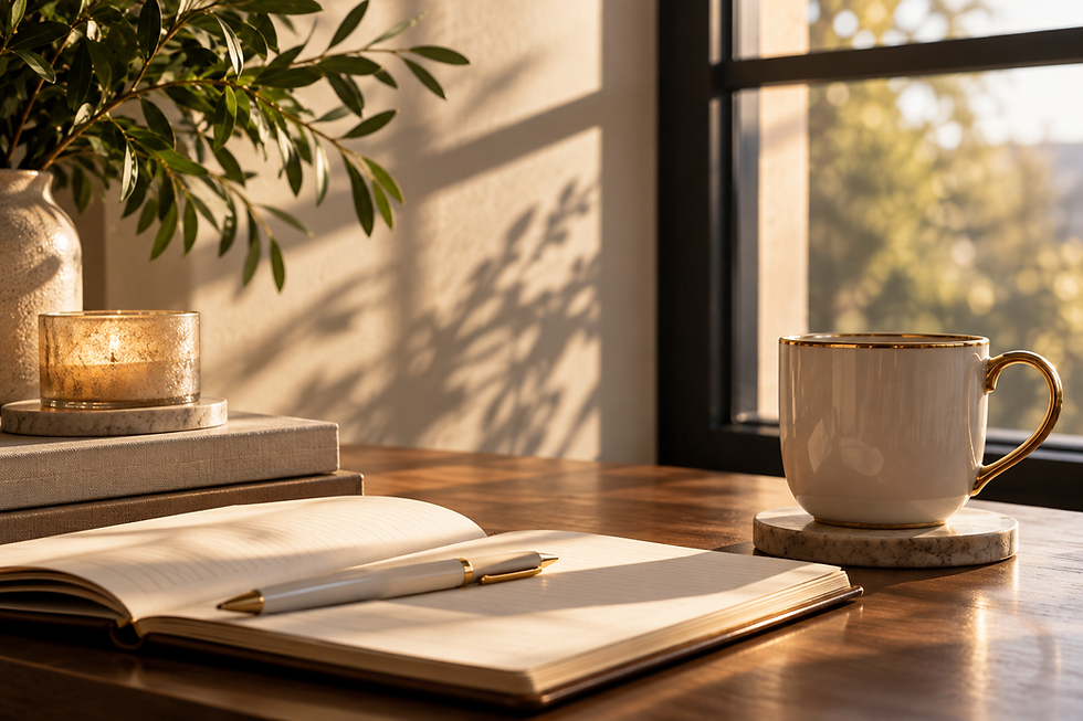 Open journal and coffee in warm morning light.