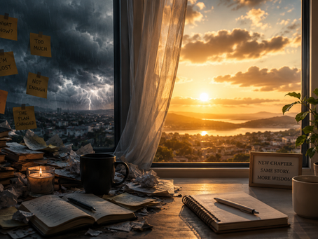 Stormy, cluttered workspace opening into a calm sunrise and fresh journal page, symbolizing rebuilding, hope, and moving forward after difficult seasons.