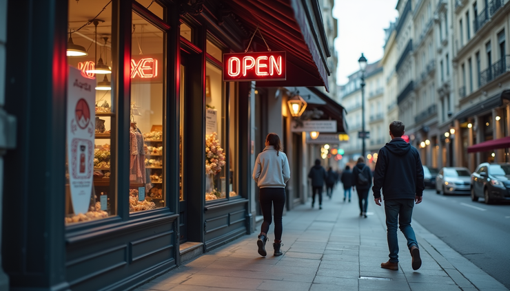 Eye-level view of a small shop storefront with a "Open" sign and minimal foot traffic