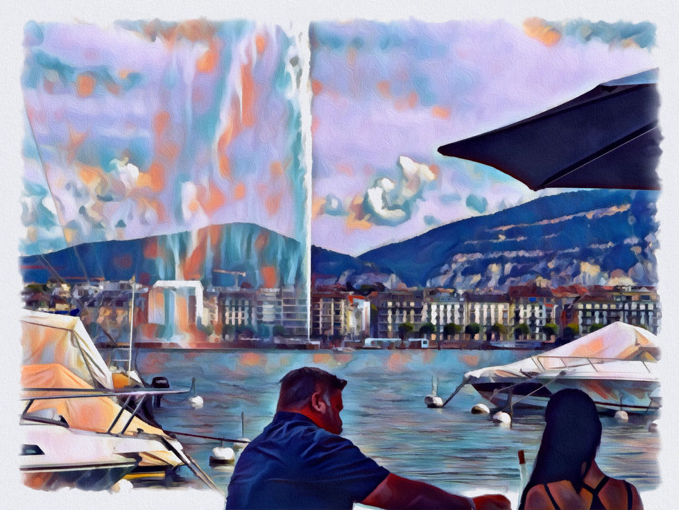 Couple au bord du jet d'eau