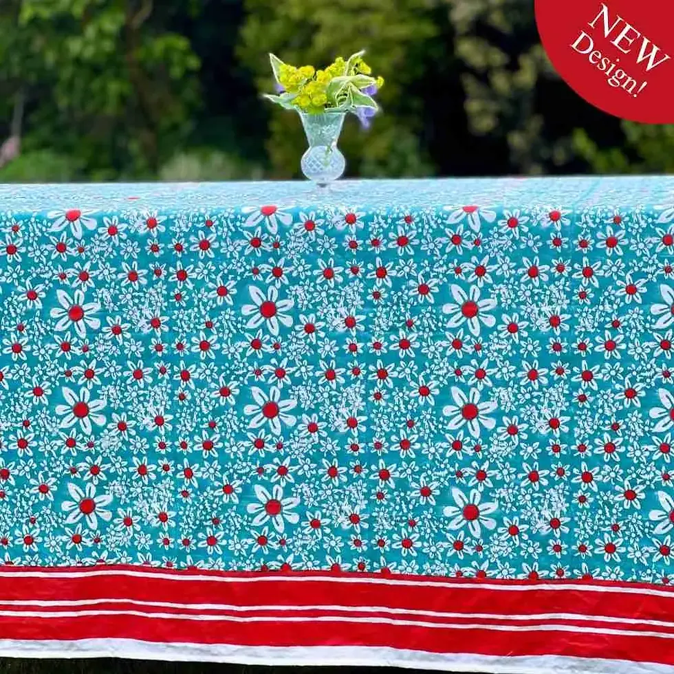 Thumbnail: Daisies Tablecloth – Turquoise, Red or Pink.