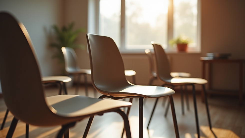Close-up view of a circle of chairs arranged for a support group meeting