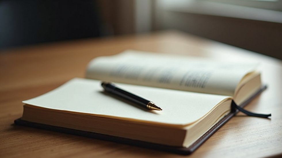 Eye-level view of a journal and pen on a wooden table