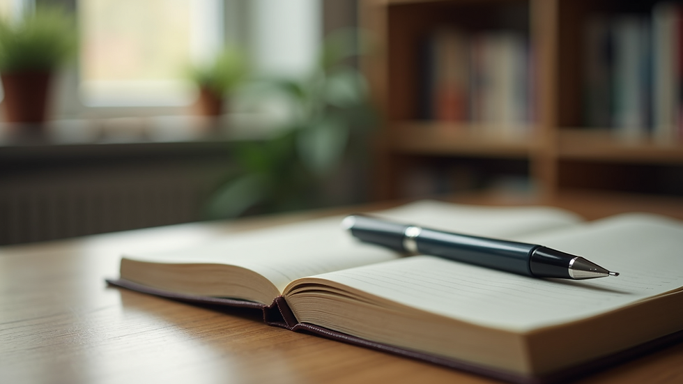 Close-up view of a journal and pen on a wooden table, symbolising self-reflection