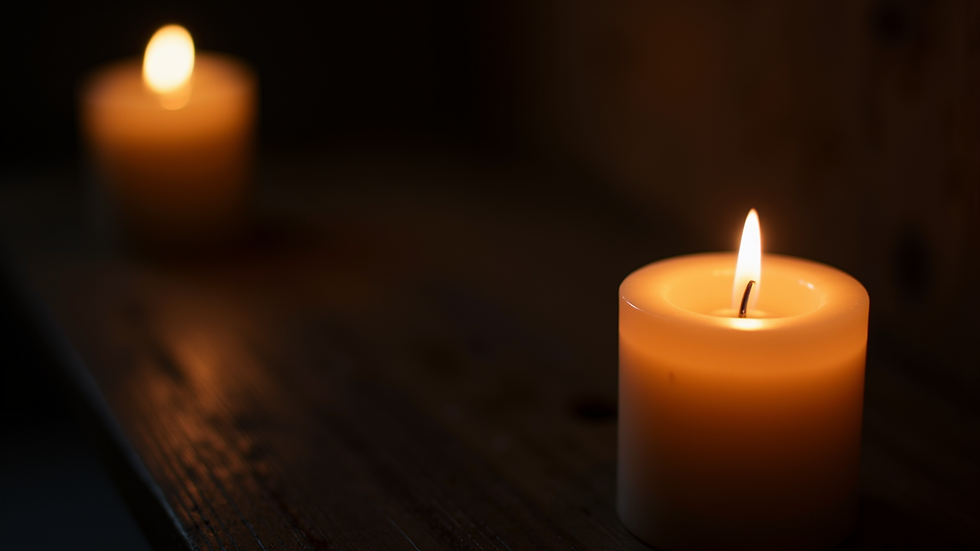 High angle view of a candle burning softly in a dark room
