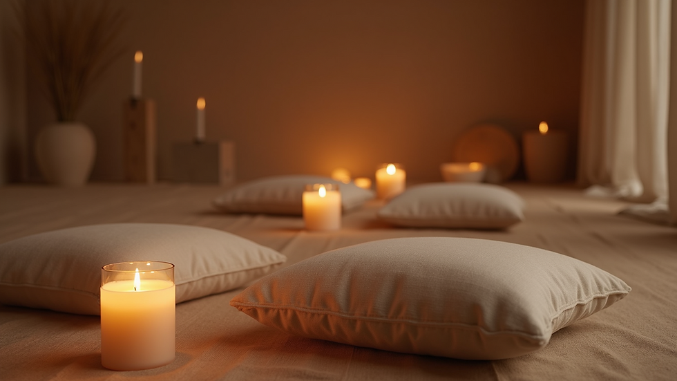 Eye-level view of a serene meditation space with candles and cushions