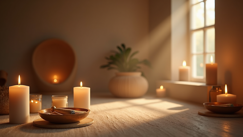 Eye-level view of a serene room with candles and spiritual tools