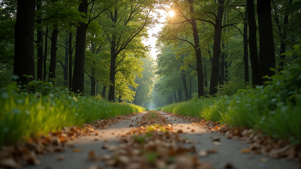 Eye-level view of a serene nature path surrounded by trees