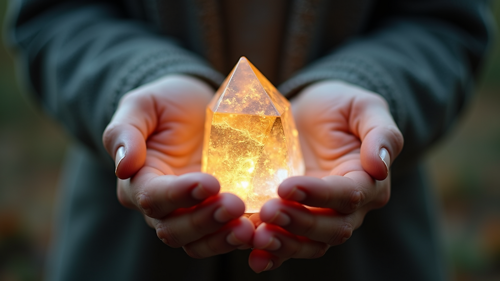 Close-up view of hands gently holding a glowing crystal