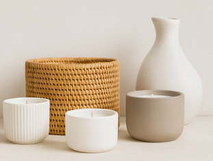 Stillleben mit drei weißen und taupefarbenen Duftkerzen in Keramikgefäßen, einem runden Rattan-Korb und einer weißen Keramikvase. Die Szene ist in neutralem Studio-Look mit weichem Licht inszeniert und eignet sich für Web-Hero-Elemente