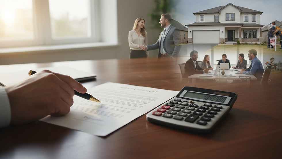 Close-up view of a real estate contract and calculator on a desk