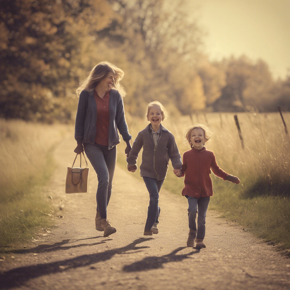 mother walking joyfully with kids