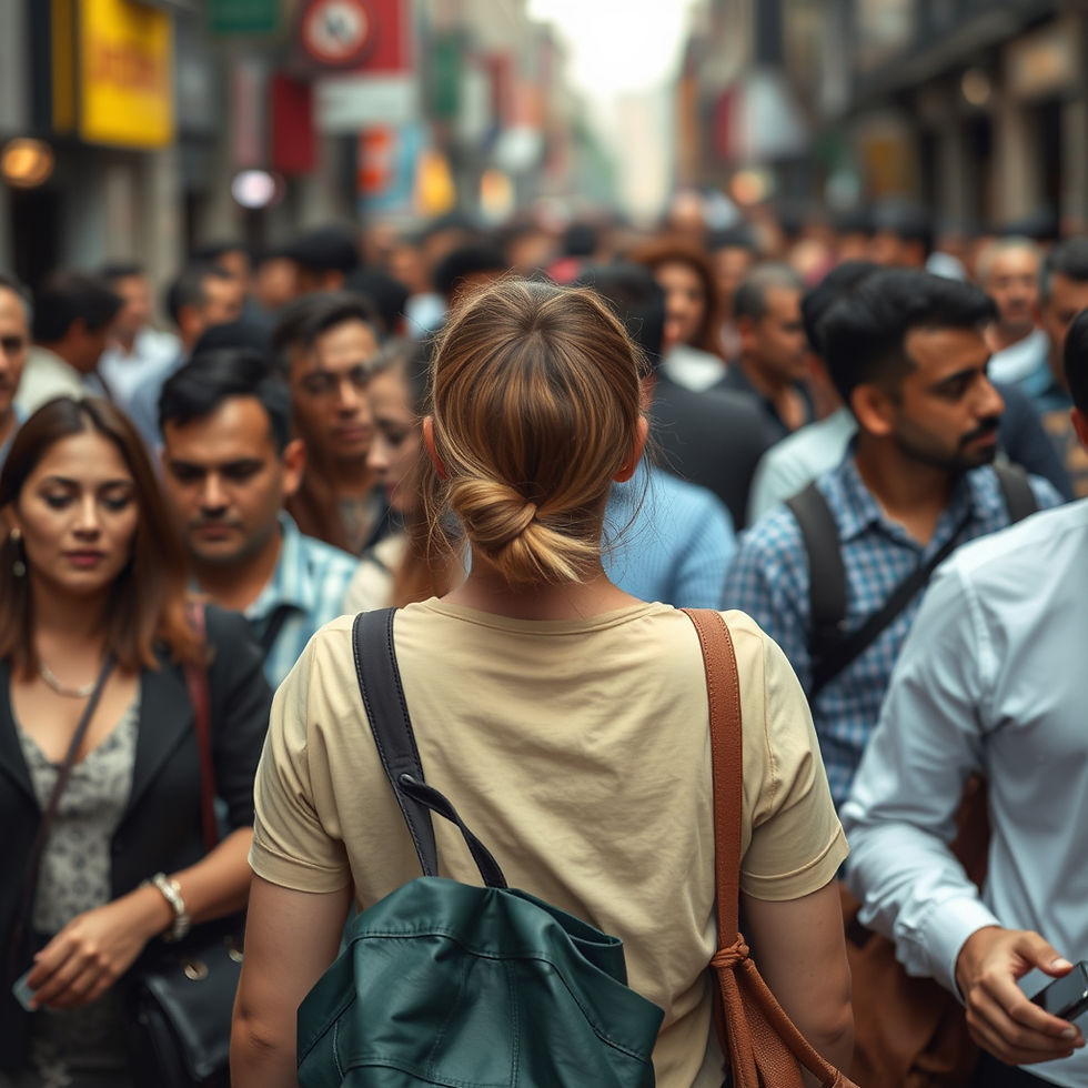 woman ignoring busy people