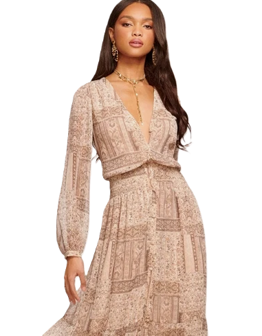 Ramy Brook Bobbi V-neck Maxi Dress In Flax Patchwork