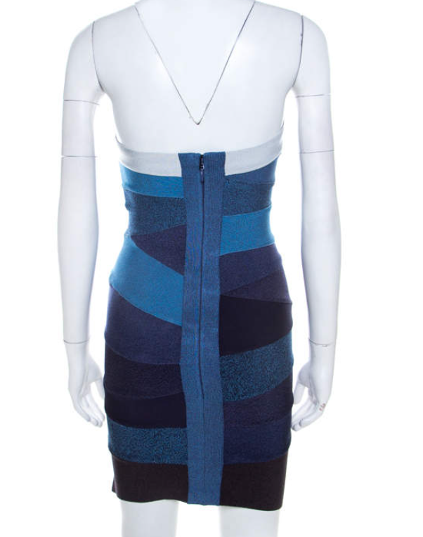 Herve Leger Ombre Blue Knit Strapless Bandage Mini Dress