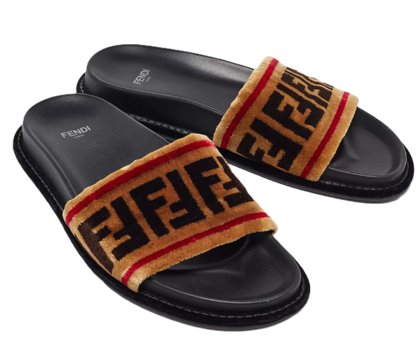 Fendi Brown FF Velvet Monogram Slide Sandals