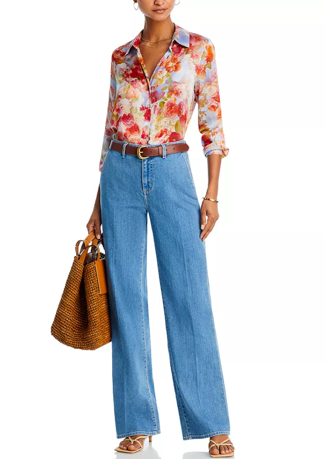 L'AGENCE Tyler Floral Print Button Front Silk Blouse