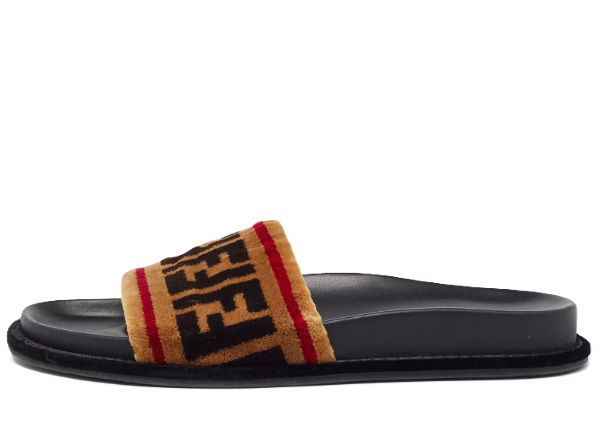 Thumbnail: Fendi Brown FF Velvet Monogram Slide Sandals