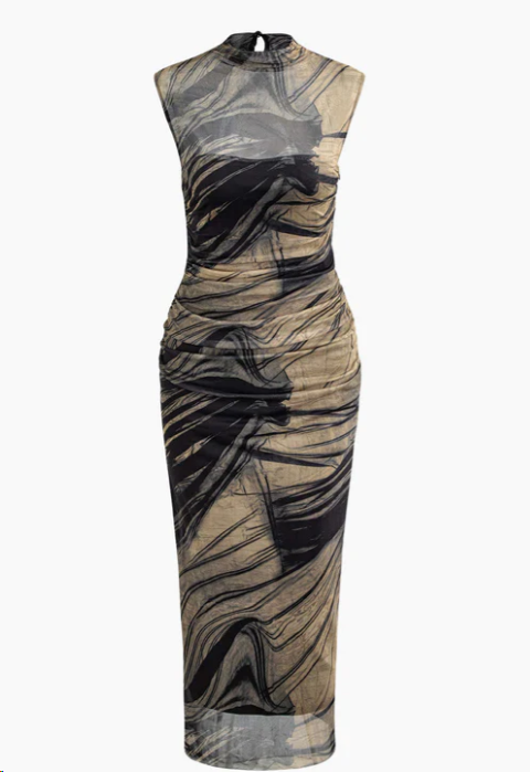 Thumbnail: ZARA Ruched Tulle Mesh Mock Neck Long Dress