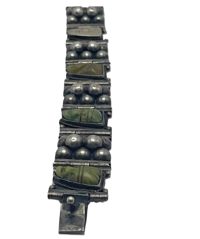 Thumbnail: Vintage Silver Carved Green Onyx Face Mayan Aztec Warrior Bracelet