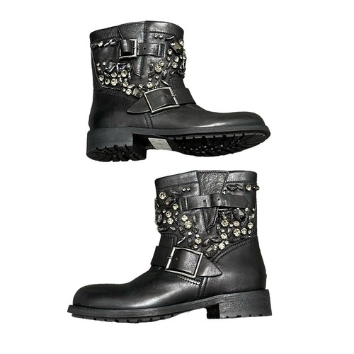 Jimmy Choo Calfskin Crystal Embellished Biker Boots