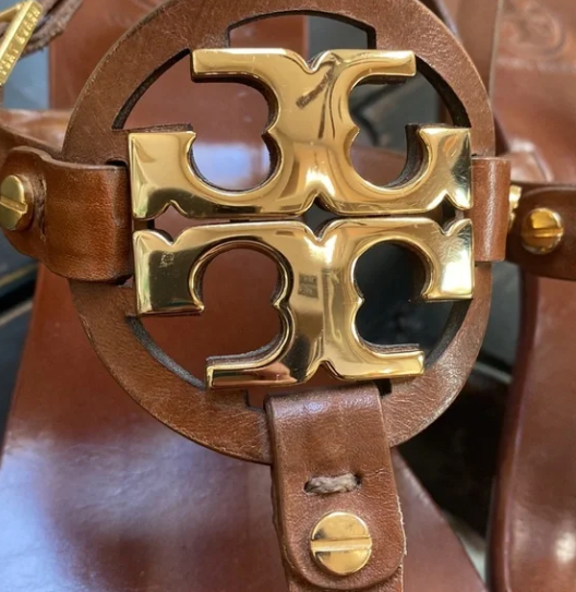 Thumbnail: Tory Burch Holly Miller Gold Logo Leather Kitten Heel Sandals