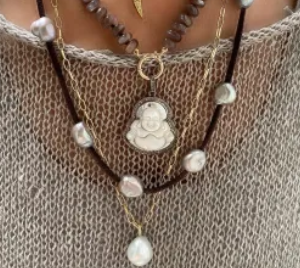 Sterling and Pave Diamond Carved Mother of Pearl Buddha Pendant