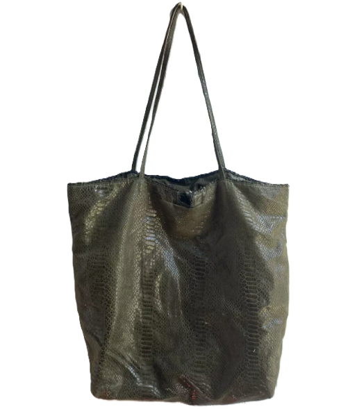 Thumbnail: Carlos Falchi Barbarella Olive Green Metallic Python Tote Bag