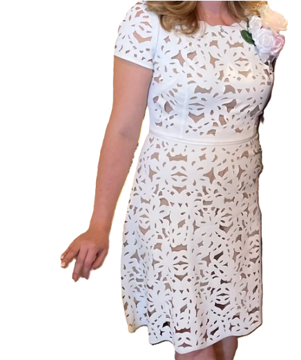 NUE by Shani Short Sleeved White Laser Cut Illusion Dress