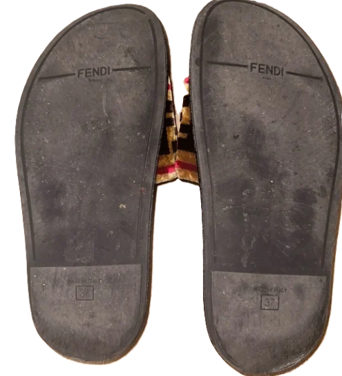 Thumbnail: Fendi Brown FF Velvet Monogram Slide Sandals