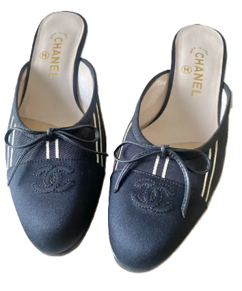 Chanel Satin CC Bow Kitten Heel Mules