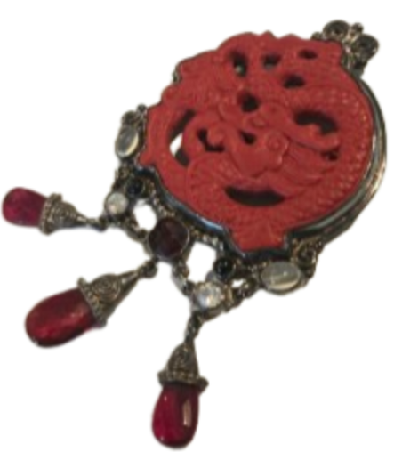 Rare Vintage Sajen Cinnabar Sterling Carved Dragon Pendant / Brooch