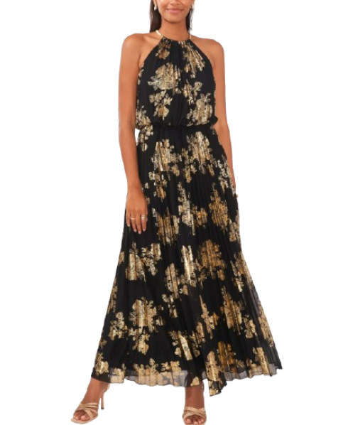 MSK Metallic Print Pleated Gown