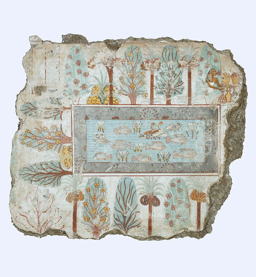 Egyptian Garden. Egyptian Architecture.HieroglyphicsWall fragment depicting an ancient Egyptian garden