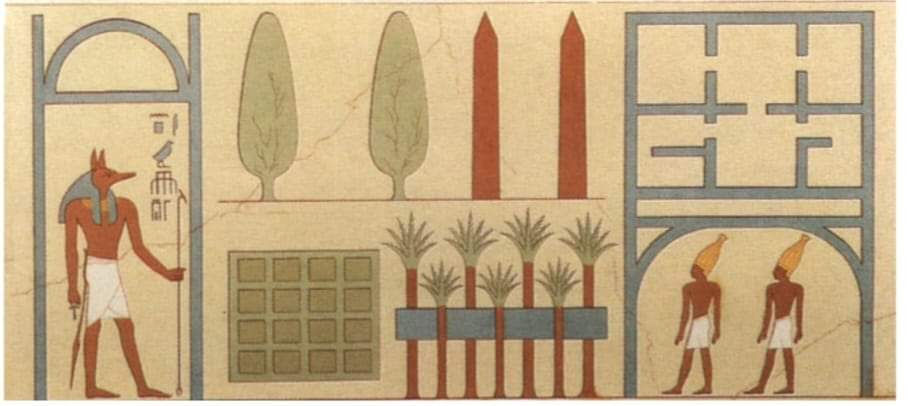 Egyptian lake. Egyptian Architecture.Holy lake and palm trees before a house in ancient egypt
