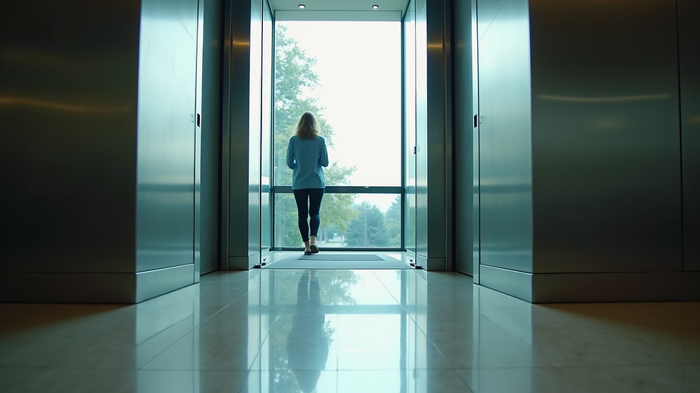 Eye-level view of a modern glass elevator in a building lobby