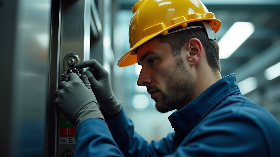 Close-up view of a technician inspecting elevator machinery