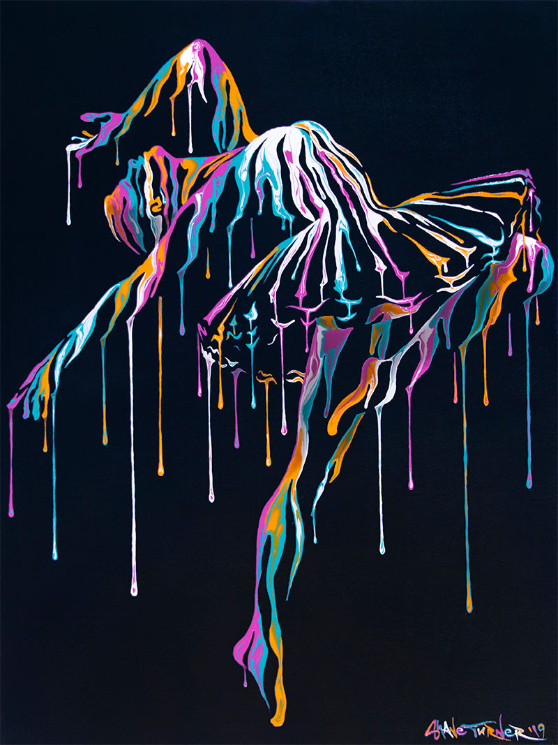Music In Motion by Shane Turner. Pop art colorful acrylic painting of a dripping ballet dancer en pointe dancing. Wearing a ballet tutu made out of negative space and paint drips.