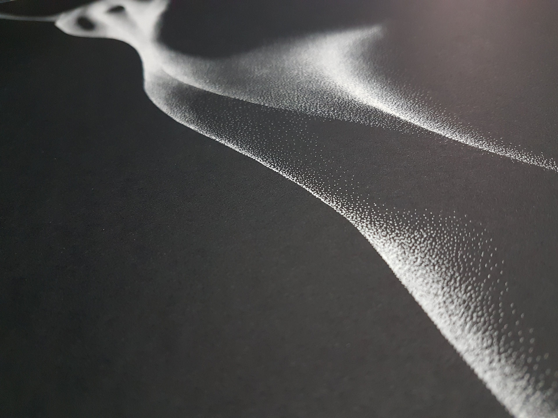 Close up of Out of the Shadows 9.0 by Shane Turner. Pointillism dot drawing of artistic nude bodyscape. Black and white ink drawing.