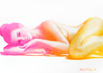 Radiant Gradient pointillism drawing by Shane Turner Art. Portrait of woman laying on side made from stippling dots of colorful gradient from pink to orange yellow.
