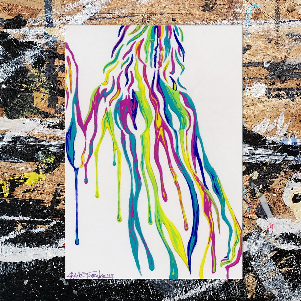 Shane Turner Art painting of Psychameleon Mini (Just Chillin)' Acrylic Paint on A6 postcard (10.5cm x14.8cm) Another piece from the recent ArtonaPostcard auction. Woman leaning on wall made of dripping neon paint.