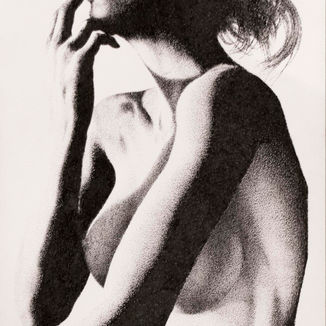 Into the Light pointillism drawing by Shane Turner. Stippling artwork of woman in shadows with fingers on lips.
