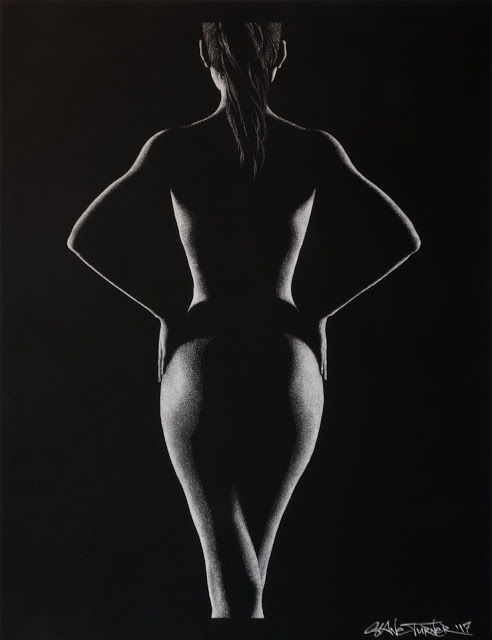 Out of the Shadows 5.0 by Shane Turner. Pointillism dot drawing of artistic nude bodyscape. Standing back of figure in black and white created out of dimensional light and negative space. Female figure in white ink on black paper.