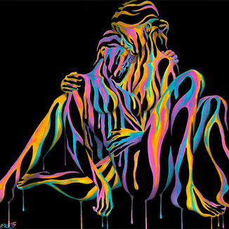 Right Here in My Arms 3.0 bv Shane Turner Art. Lesbian couple made of dripping colorful neon paint hugging in a romantic seated embrace..