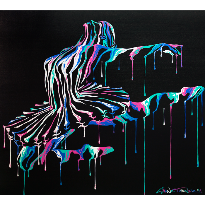 Music In Motion 2 by Shane Turner. Pop art colorful acrylic painting of a dripping ballet dancer ballerina dancing. Wearing a ballet tutu made out of negative space and colorful paint drips.