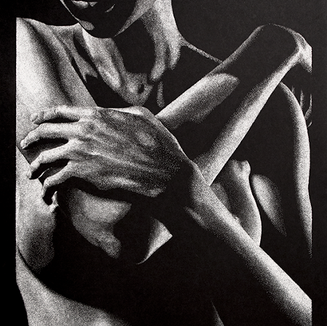 Out of the Shadows 3.0 stippling drawing by Shane Turner. Image of semi nude female figure with arms crossed over chest.