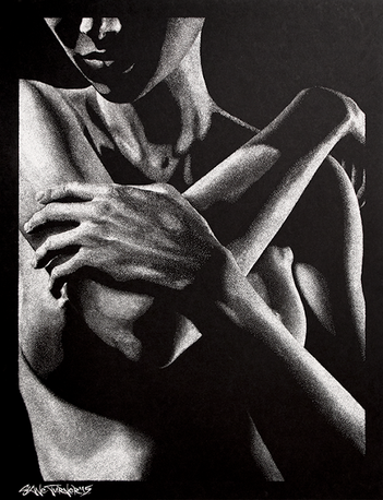 Out of the Shadows 3.0 stippling drawing by Shane Turner. Image of semi nude female figure with arms crossed over chest.